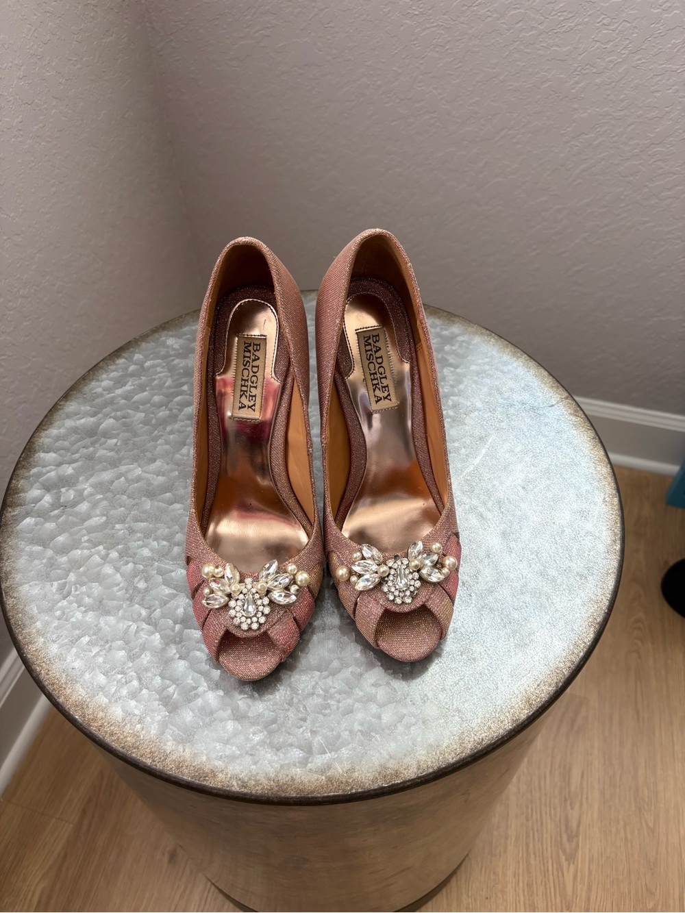 Badgley Mischka Rose Pink Embellished Peep-Toe Heels